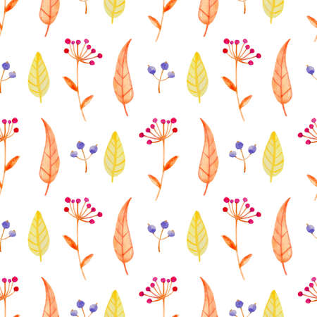 Watercolor autumn floral seamless pattern with orange leaves and berry. Hand drawn nature backgroundの写真素材