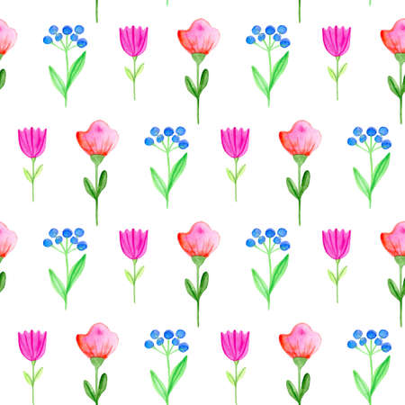 Watercolor autumn floral seamless pattern with pink and red flowers. Hand drawn nature backgroundの写真素材