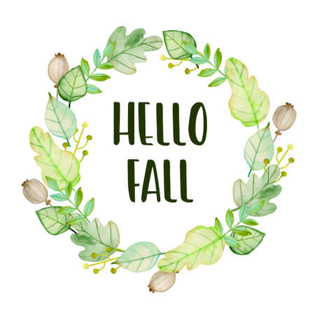 Watercolor autumn floral frame with green leaves on a white background.  Hand drawn illustration. Hello fall letteringの写真素材