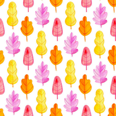 Watercolor autumn floral seamless pattern with bright orange, red and yellow leaves. Hand drawn nature backgroundの写真素材