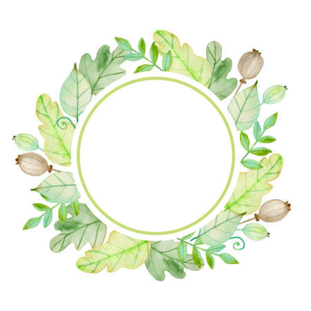 Watercolor autumn floral round banner with flowers and green leaves on a white background.  Hand drawn illustrationの写真素材