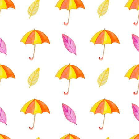 Watercolor autumn seamless pattern with orange umbrella and leaves. Hand drawn backgroundの写真素材