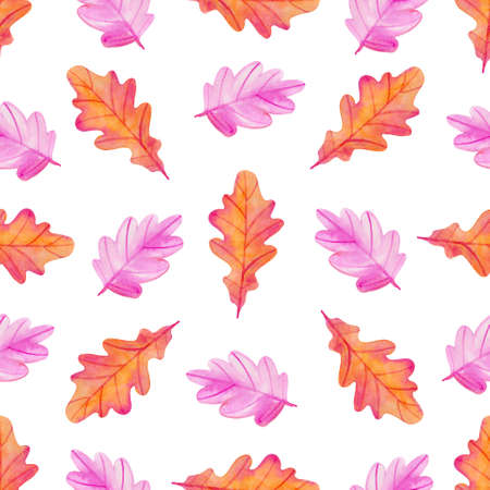 Watercolor autumn floral seamless pattern with red and orange oak leaves. Hand drawn nature backgroundの写真素材