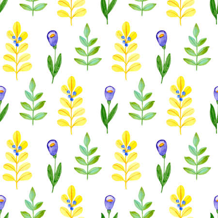 Watercolor autumn floral seamless pattern with green and yellow leaves and flowers. Hand drawn nature backgroundの写真素材