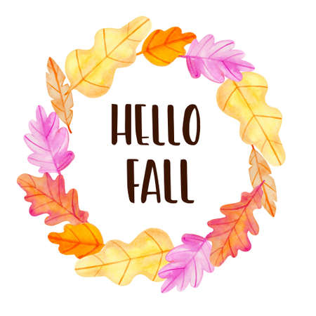 Watercolor autumn floral frame of oak leaves on a white background.  Hand drawn illustration. Hello fall letteringの写真素材