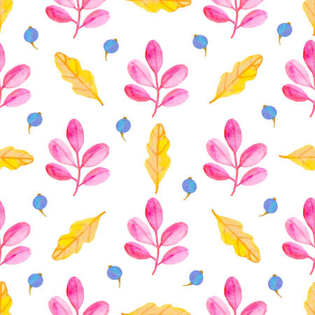 Watercolor autumn floral seamless pattern with falling leaves and blue berry. Hand drawn nature backgroundの写真素材