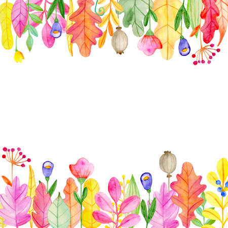 Watercolor autumn floral background with flowers and leaves. Hand drawn illustrationの写真素材