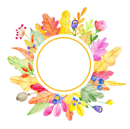 Watercolor autumn floral round banner with flowers and leaves on a white background.  Hand drawn illustrationの写真素材