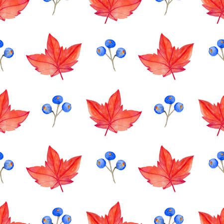 Watercolor autumn floral seamless pattern with red maple leaves and blue berry. Hand drawn nature backgroundの写真素材