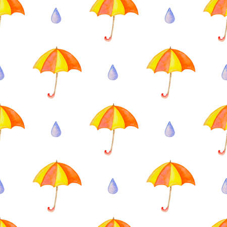 Watercolor autumn seamless pattern with orange umbrella and raindrops. Hand drawn backgroundの写真素材