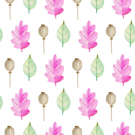 Watercolor autumn floral seamless pattern with leaves and poppy seeds. Hand drawn nature backgroundの写真素材