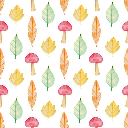 Watercolor autumn floral seamless pattern with leaves and mushrooms. Hand drawn nature backgroundの写真素材
