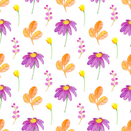 Watercolor autumn floral seamless pattern with orange leaves and daisy flowers. Hand drawn nature backgroundの写真素材