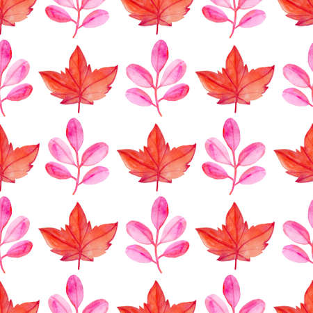 Watercolor autumn floral seamless pattern with red maple leaves. Hand drawn nature backgroundの写真素材