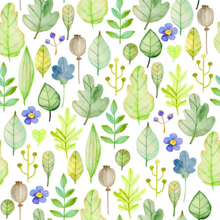 Watercolor autumn floral seamless pattern with flowers and green leaves. Hand drawn nature backgroundの写真素材