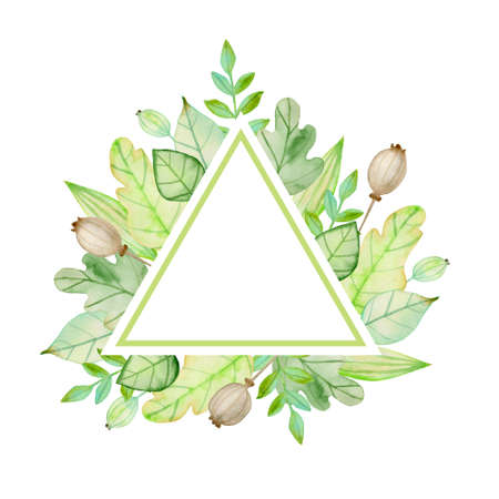 Watercolor autumn floral triangle banner with flowers and green leaves on a white background.  Hand drawn illustrationの写真素材