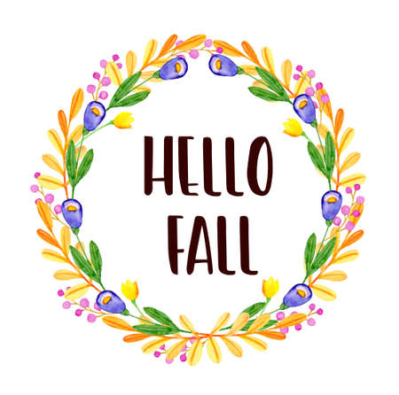 Watercolor autumn floral frame. Violet flowers and orange leaves on a white background.  Hand drawn illustration. Hello fall letteringの写真素材