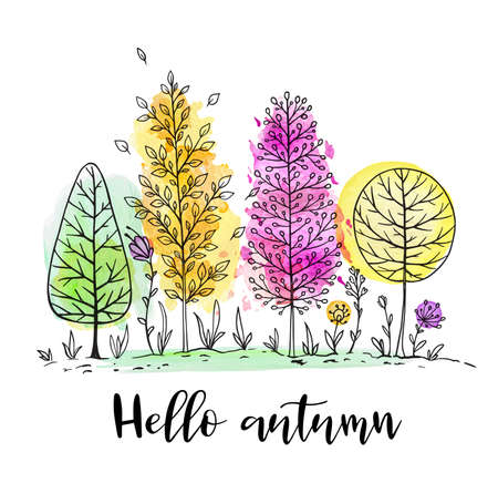 Autumn natural landscape with yellow, green and red watercolor trees on a white background. Hand drawn vector illustration.のイラスト素材
