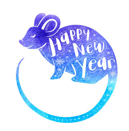 Cute rat symbol of Chinese zodiac for 2020 new year. Blue watercolor silhouette of rat and lettering. Hand drawn vector illustrationのイラスト素材