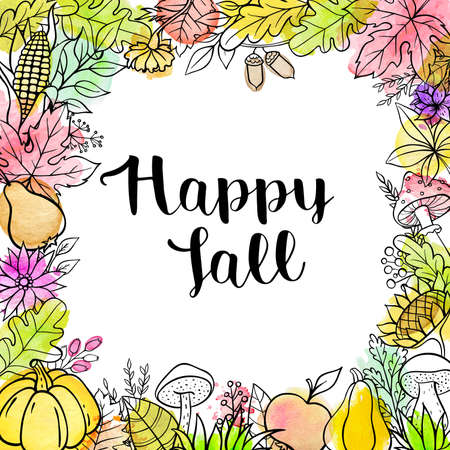 Hand drawn vector doodle autumn background with pumpkins, fruits, leaves and mushrooms. Seasonal floral frame with watercolor textureのイラスト素材