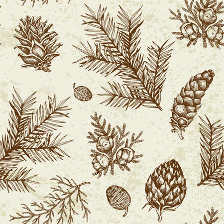 Vintage winter seamless pattern with evergreen plants. Decorative background for Christmas and new year. Hand drawn vector pattern.のイラスト素材