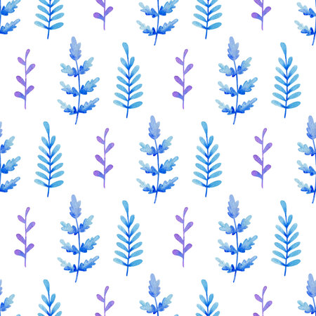 Watercolor floral seamless pattern with blue and violet leaves. Hand drawn winter nature background