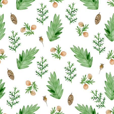 Watercolor floral seamless pattern with evergreen plants. Hand drawn winter nature background with...