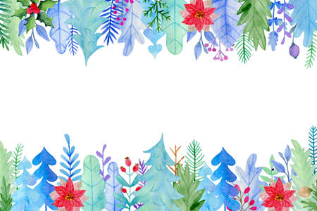 Watercolor Christmas and new year greeting card with flowers and leaves. Decorative winter hand drawn floral backgroundの写真素材