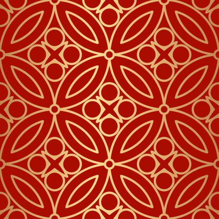 Decorative abstract geometrical golden seamless pattern on a red background. Traditional oriental ornament. Vector illustration.のイラスト素材