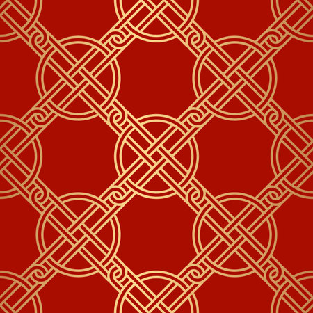 Decorative abstract geometrical golden seamless pattern on a red background. Traditional oriental ornament. Vector illustration.のイラスト素材