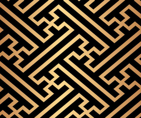 Decorative abstract geometrical golden seamless pattern on a black background. Traditional oriental ornament. Vector illustration.のイラスト素材