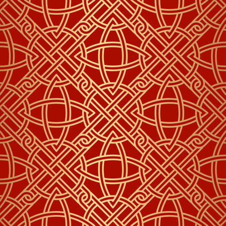 Decorative abstract geometrical golden seamless pattern on a red background. Traditional oriental ornament. Vector illustration.のイラスト素材