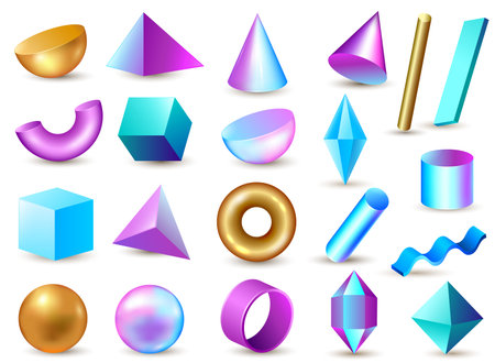 Set of 3d geometric multi-colored bright design elements on a white background. Vector illustration.