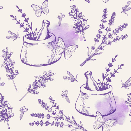 Vintage seamless pattern with lavender flowers and butterflies. Spa and aromatherapy ingredients. Hand drawn vector backgroundのイラスト素材