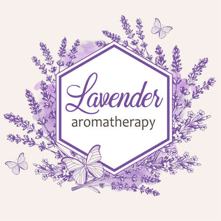 Vintage floral frame with lavender flowers and butterflies. Spa and aromatherapy ingredients. Hand drawn vector background.のイラスト素材