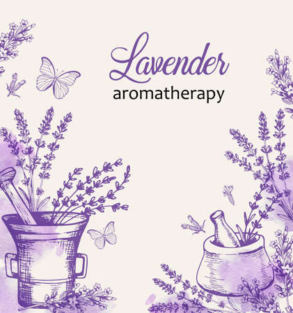 Vintage background with lavender flowers and butterflies. Spa and aromatherapy ingredients. Hand drawn vector illustration.のイラスト素材