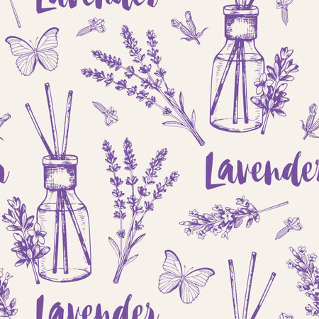 Vintage seamless pattern with lavender flowers, perfume and butterflies. Spa and aromatherapy ingredients. Hand drawn vector backgroundのイラスト素材