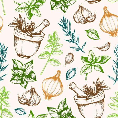 Vintage hand drawn seamless pattern with Italian herbs and spicesのイラスト素材