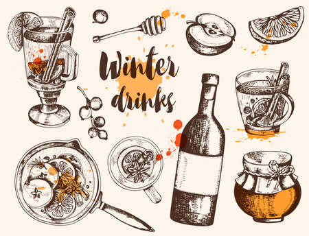 Vintage vector hand drawn mulled wine and ingredients. Traditional Christmas food and drink.のイラスト素材