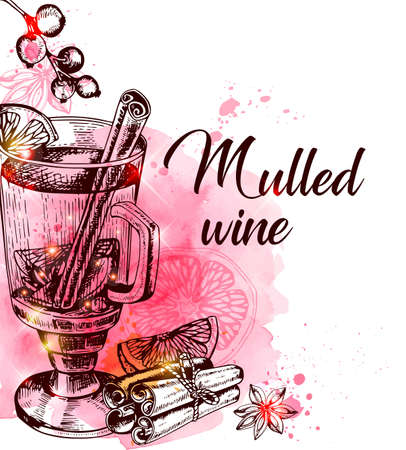 Vintage vector hand drawn mulled wine and spices on a red watercolor background. Traditional Christmas food and drink.のイラスト素材