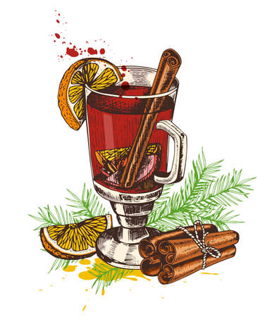 Vintage vector hand drawn mulled wine and spices on a white background. Traditional Christmas food and drink.のイラスト素材