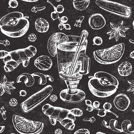 Vintage vector chalk drawing seamless pattern with mulled wine and spices. Traditional Christmas food and drink. Decorative hand drawn festive background.のイラスト素材