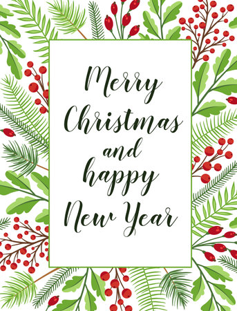 Decorative festive Christmas greeting card with evergreen plants and lettering on a white background. Christmas and New year design.のイラスト素材
