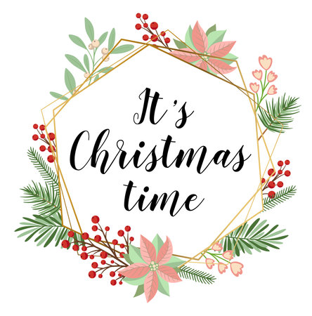 Decorative vector Christmas floral frame with evergreen plants, flowers and text. Design for new year and Christmas greeting card.のイラスト素材