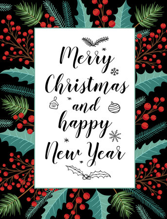 Decorative floral Christmas greeting card with evergreen plants and lettering on a black background. Christmas and New year design.のイラスト素材