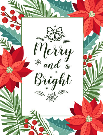 Decorative Christmas greeting card with evergreen plants, red flowers and lettering on a white background. Christmas and New year design.のイラスト素材