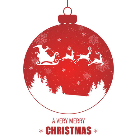 Red Christmas decoration with Santa Claus, deer and winter snowy landscape. New Year greeting card. Festive vector backgroundのイラスト素材