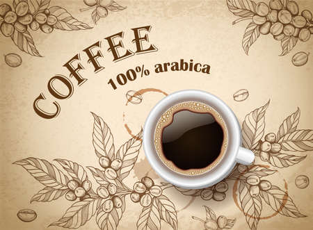 Vintage background with coffee cup and coffee beans. Vector illustration.のイラスト素材