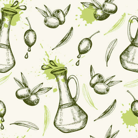 Vintage hand drawn seamless pattern with olives and olive oil. Vector backgroundのイラスト素材