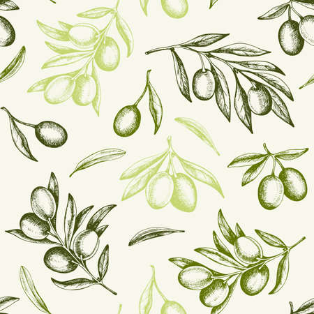 Vintage hand drawn seamless pattern with green olives and olive branch. Vector backgroundのイラスト素材
